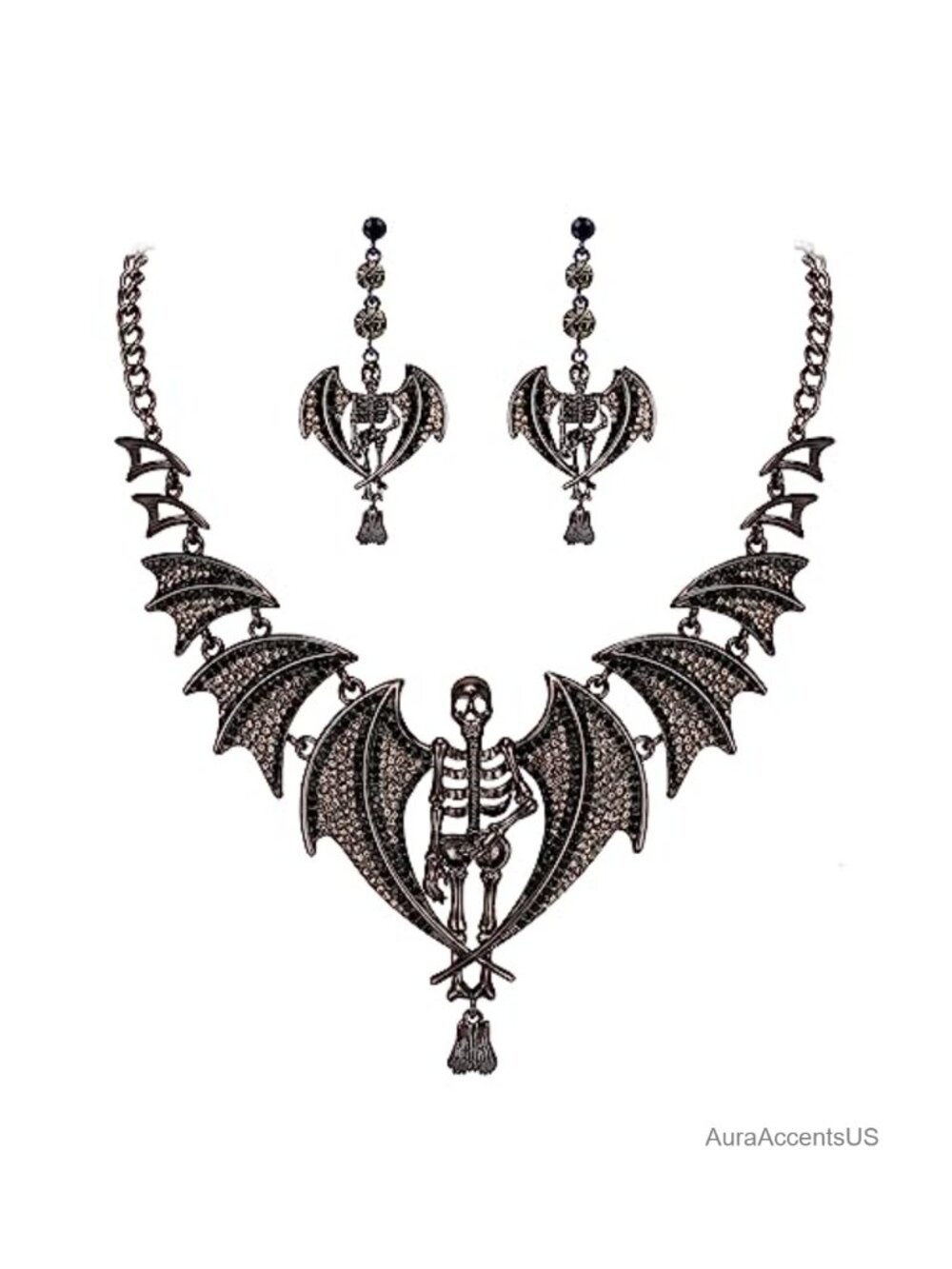 Austrian Crystal Gothic Skull Bat Necklace Earrings Set Halloween Jewelry